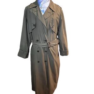 Liz Sport Vintage Olive Green LONG Trench Coat Double Breasted Military Large